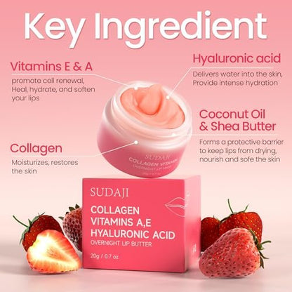 SUDAJI Collagen Lip Mask - Hydrating Lip Balm with Hyaluronic Acid & Vitamins E, A - Overnight Sleeping Nourishing Lip Butter for Dry Lips (Strawberry, 0.7 oz) Avelisse