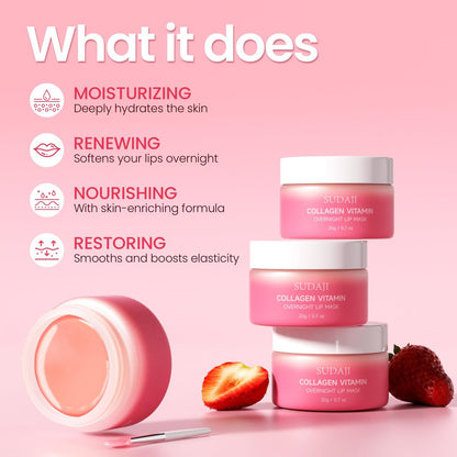 SUDAJI Collagen Lip Mask - Hydrating Lip Balm with Hyaluronic Acid & Vitamins E, A - Overnight Sleeping Nourishing Lip Butter for Dry Lips (Strawberry, 0.7 oz) Avelisse