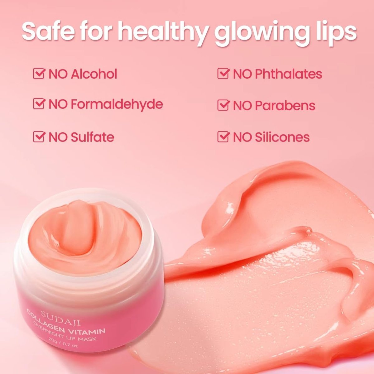 SUDAJI Collagen Lip Mask - Hydrating Lip Balm with Hyaluronic Acid & Vitamins E, A - Overnight Sleeping Nourishing Lip Butter for Dry Lips (Strawberry, 0.7 oz) Avelisse