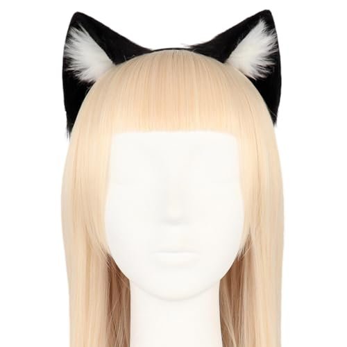 Surakey Long Fur Cat Ears Anime Cosplay Headband Plush Hairband Halloween Cosplay Party Costume for Men and Women Role-Playing (Black-White) - görsel 2