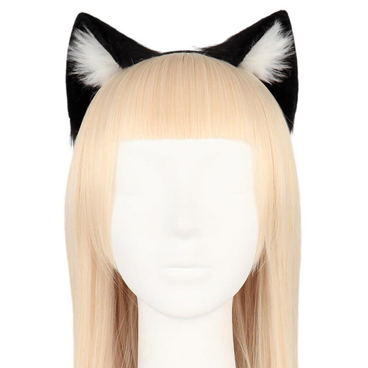 Surakey Long Fur Cat Ears Anime Cosplay Headband Plush Hairband Halloween Cosplay Party Costume for Men and Women Role-Playing (Black-White)