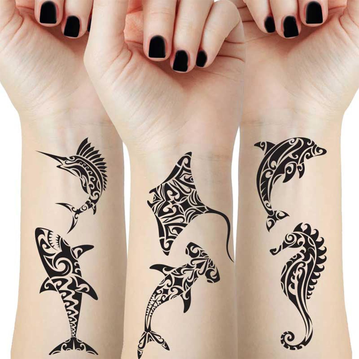 12 Sheets Temporary Tattoos for Men Adults - Maori Stingray Shark Whale Hippocampus Polynesian Tribal Hawaiian Fake Tattoos for Neck, Arm, Hands, Leg - Black Small - görsel 1