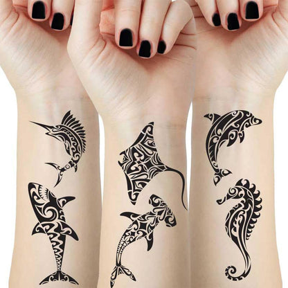 12 Sheets Temporary Tattoos for Men Adults - Maori Stingray Shark Whale Hippocampus Polynesian Tribal Hawaiian Fake Tattoos for Neck, Arm, Hands, Leg - Black Small