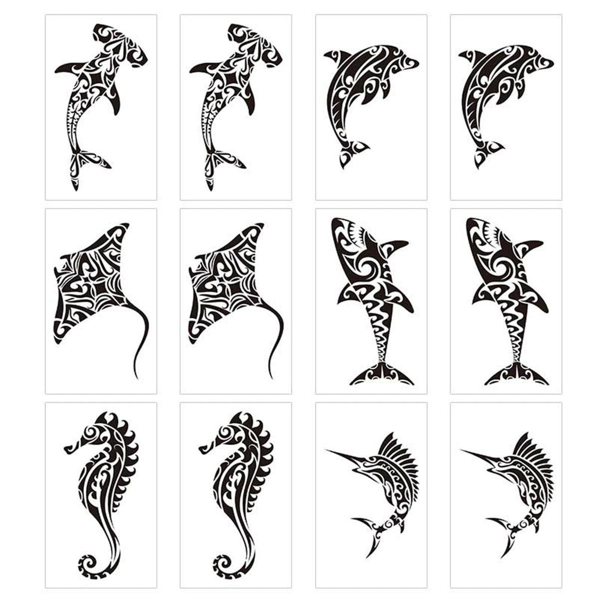 12 Sheets Temporary Tattoos for Men Adults - Maori Stingray Shark Whale Hippocampus Polynesian Tribal Hawaiian Fake Tattoos for Neck, Arm, Hands, Leg - Black Small - görsel 3