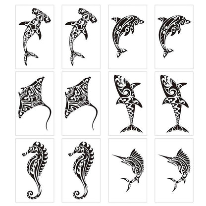 12 Sheets Temporary Tattoos for Men Adults - Maori Stingray Shark Whale Hippocampus Polynesian Tribal Hawaiian Fake Tattoos for Neck, Arm, Hands, Leg - Black Small
