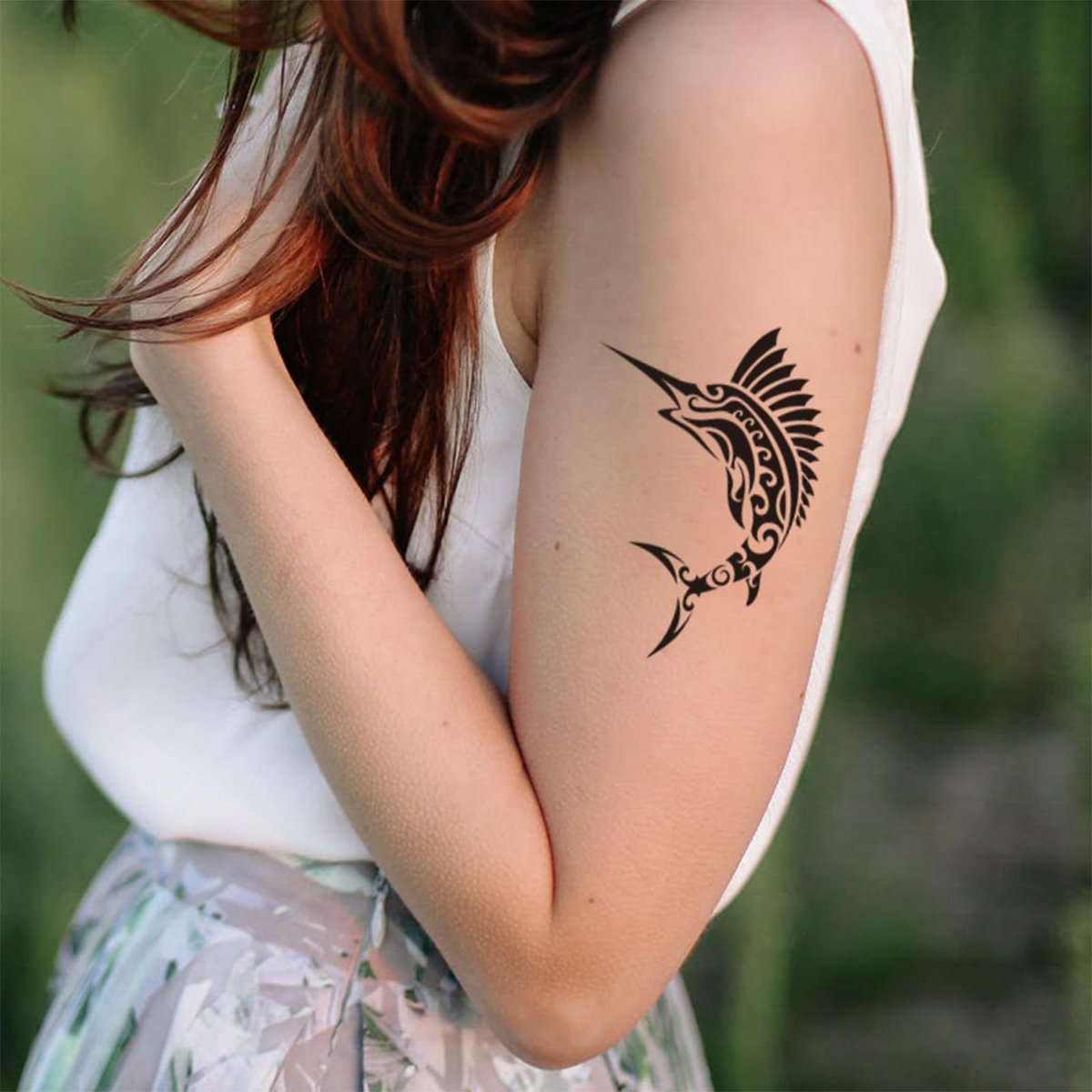 12 Sheets Temporary Tattoos for Men Adults - Maori Stingray Shark Whale Hippocampus Polynesian Tribal Hawaiian Fake Tattoos for Neck, Arm, Hands, Leg - Black Small - görsel 9