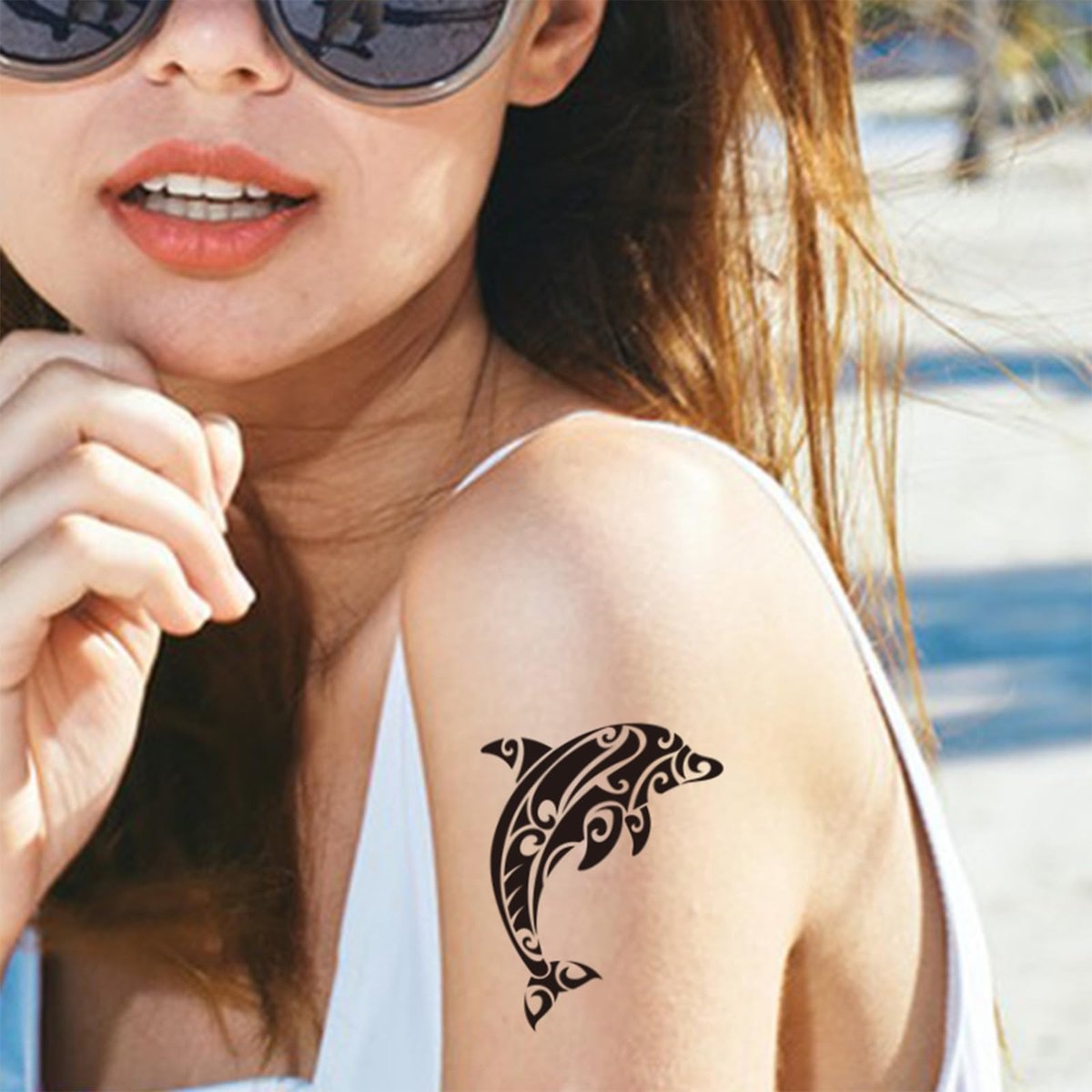 12 Sheets Temporary Tattoos for Men Adults - Maori Stingray Shark Whale Hippocampus Polynesian Tribal Hawaiian Fake Tattoos for Neck, Arm, Hands, Leg - Black Small - görsel 11