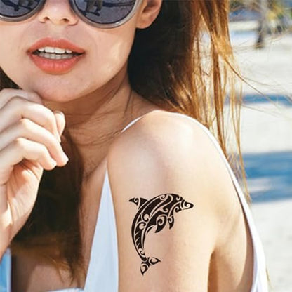 12 Sheets Temporary Tattoos for Men Adults - Maori Stingray Shark Whale Hippocampus Polynesian Tribal Hawaiian Fake Tattoos for Neck, Arm, Hands, Leg - Black Small