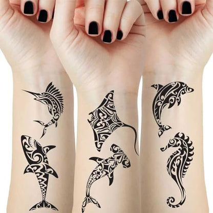 12 Sheets Temporary Tattoos for Men Adults - Maori Stingray Shark Whale Hippocampus Polynesian Tribal Hawaiian Fake Tattoos for Neck, Arm, Hands, Leg - Black Small