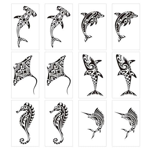 12 Sheets Temporary Tattoos for Men Adults - Maori Stingray Shark Whale Hippocampus Polynesian Tribal Hawaiian Fake Tattoos for Neck, Arm, Hands, Leg - Black Small - görsel 4