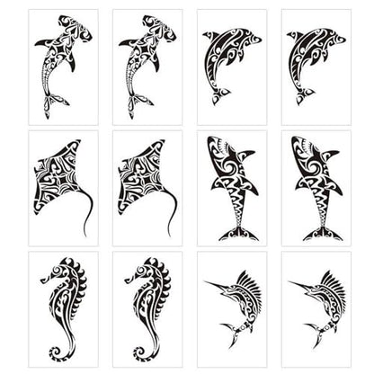 12 Sheets Temporary Tattoos for Men Adults - Maori Stingray Shark Whale Hippocampus Polynesian Tribal Hawaiian Fake Tattoos for Neck, Arm, Hands, Leg - Black Small