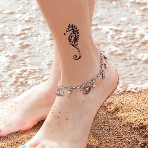 12 Sheets Temporary Tattoos for Men Adults - Maori Stingray Shark Whale Hippocampus Polynesian Tribal Hawaiian Fake Tattoos for Neck, Arm, Hands, Leg - Black Small - görsel 6
