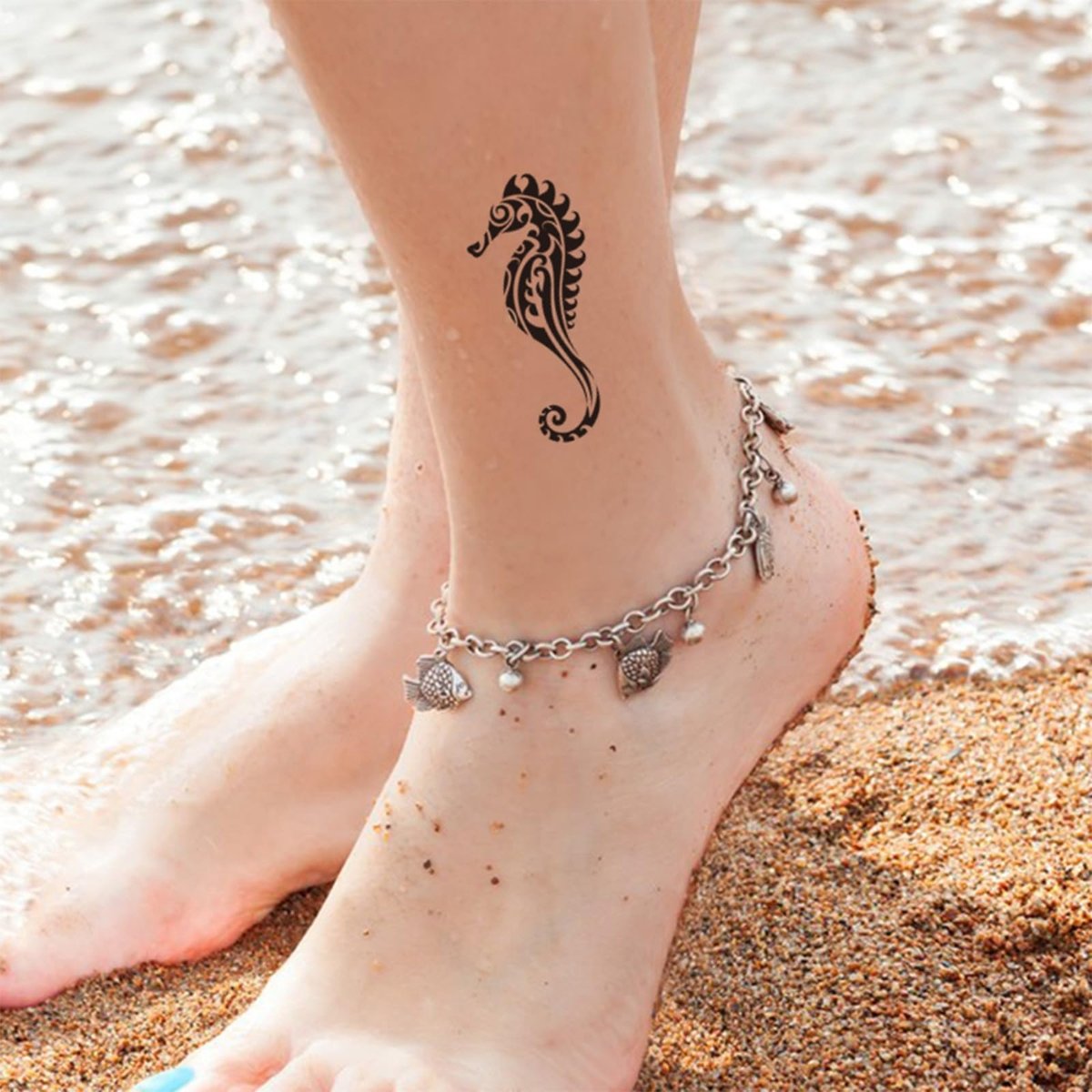 12 Sheets Temporary Tattoos for Men Adults - Maori Stingray Shark Whale Hippocampus Polynesian Tribal Hawaiian Fake Tattoos for Neck, Arm, Hands, Leg - Black Small - görsel 5