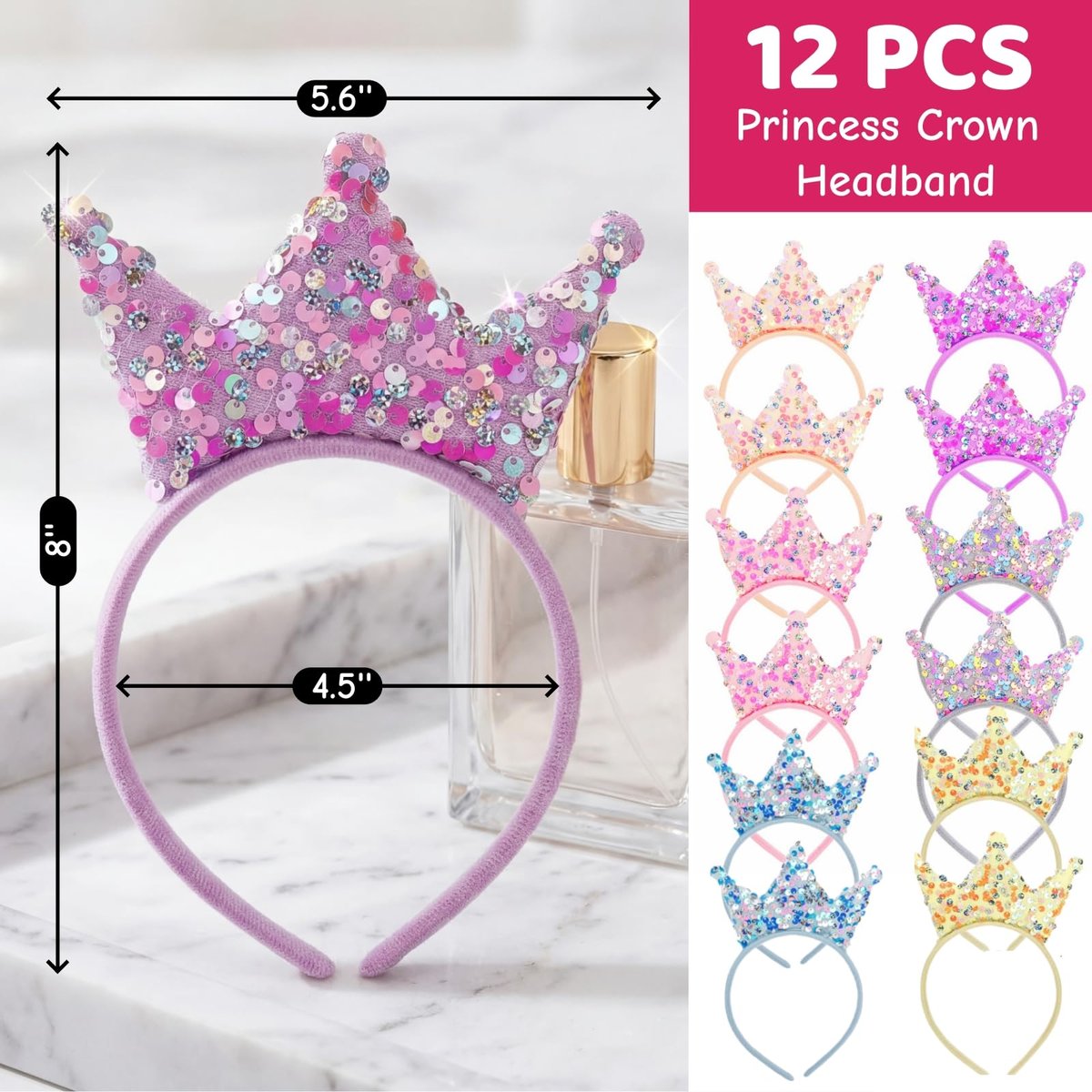 Acshio 12 Pack Princess Crown Headband - Glitter Sequin Tiaras for Birthday Parties and Gifts Avelisse