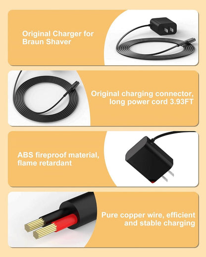 FGIEU Shaver Charger Compatible with Braun Series 9, 8, 7, 6, 5, 3, 1, XT5 - Replacement Power Cord for 9477cc, 9465cc, 8457cc, 8417s, 8330s, 7085cc, 7020s, 790cc, 6075cc, 6072cc, 6020s, 5020, 5018s, 310s, 3040, 190s, 130s Avelisse