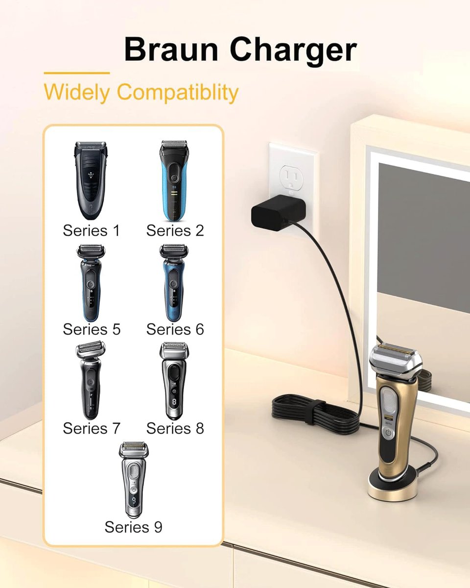 FGIEU Shaver Charger Compatible with Braun Series 9, 8, 7, 6, 5, 3, 1, XT5 - Replacement Power Cord for 9477cc, 9465cc, 8457cc, 8417s, 8330s, 7085cc, 7020s, 790cc, 6075cc, 6072cc, 6020s, 5020, 5018s, 310s, 3040, 190s, 130s Avelisse