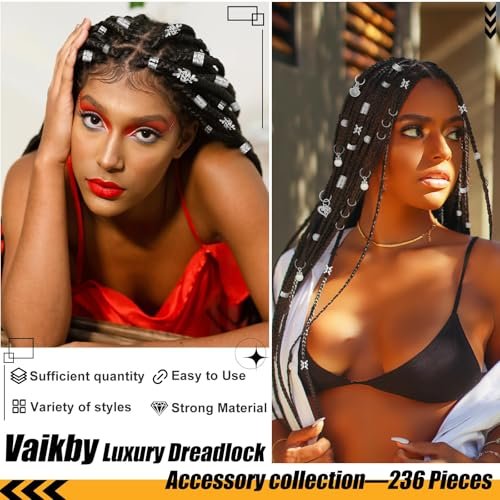 236PCS Silver Hair Accessories: Jewelry and Charms for Braids, Rings, and Cuffs - Ideal for Dreadlocks, Locs and Raves Avelisse