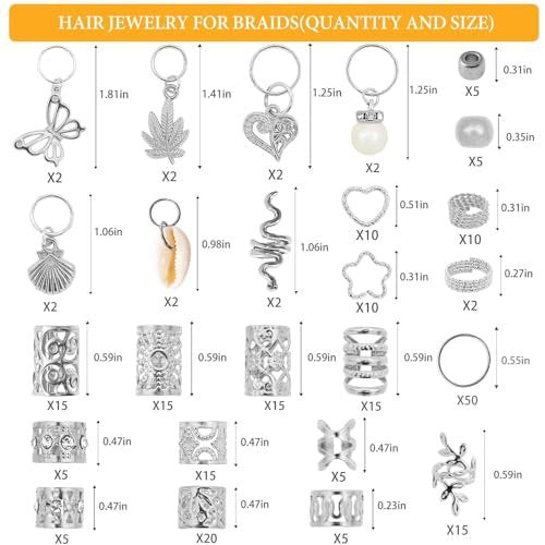 236PCS Silver Hair Accessories: Jewelry and Charms for Braids, Rings, and Cuffs - Ideal for Dreadlocks, Locs and Raves Avelisse