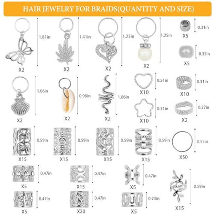 236PCS Silver Hair Accessories: Jewelry and Charms for Braids, Rings, and Cuffs - Ideal for Dreadlocks, Locs and Raves Avelisse