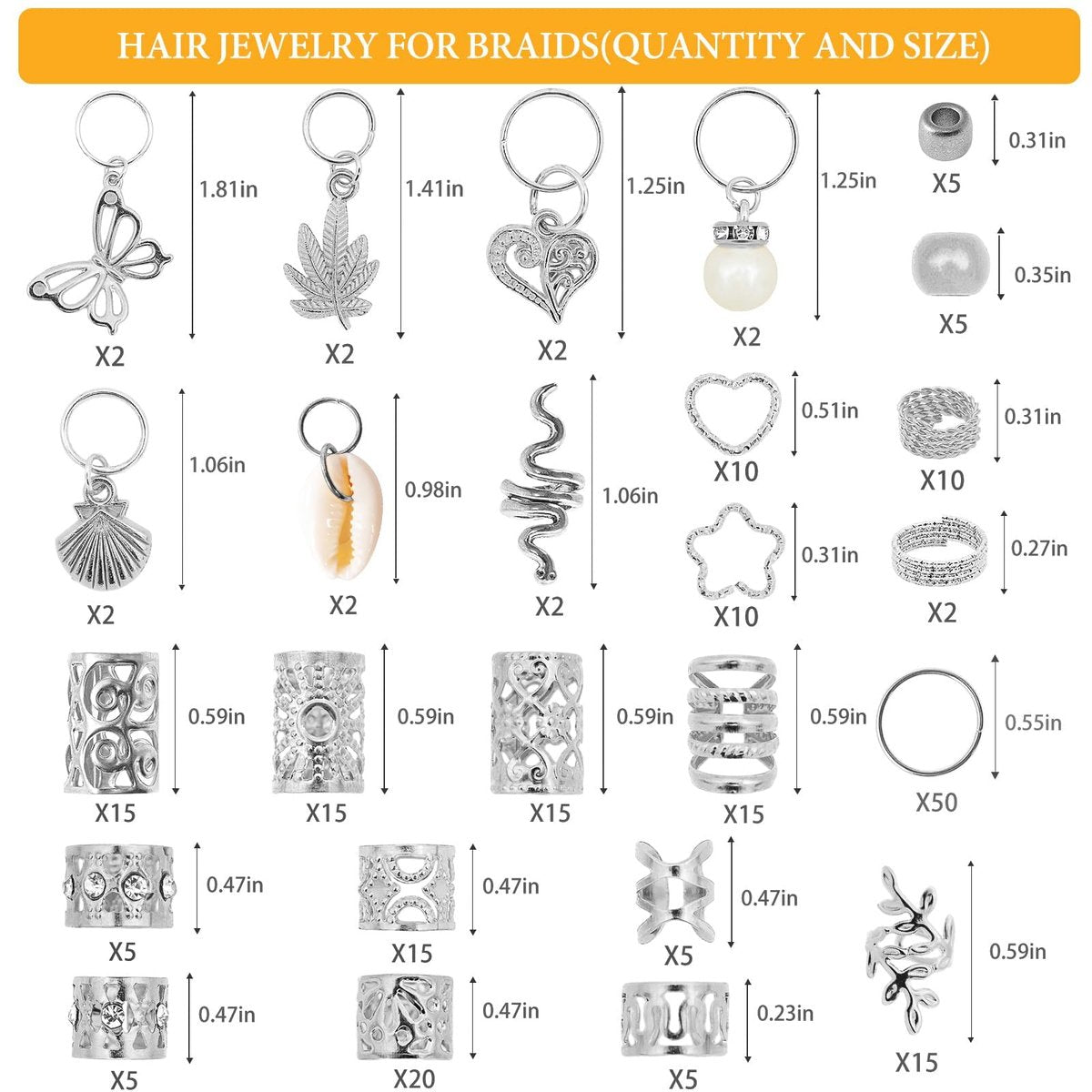 236PCS Silver Hair Accessories: Jewelry and Charms for Braids, Rings, and Cuffs - Ideal for Dreadlocks, Locs and Raves Avelisse