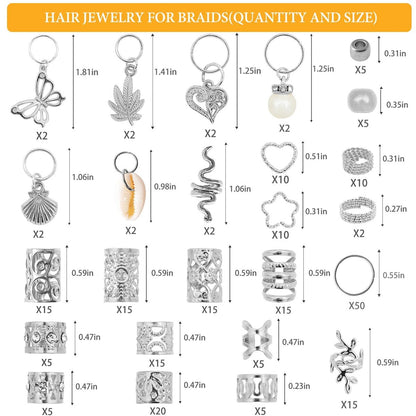 236PCS Silver Hair Accessories: Jewelry and Charms for Braids, Rings, and Cuffs - Ideal for Dreadlocks, Locs and Raves Avelisse