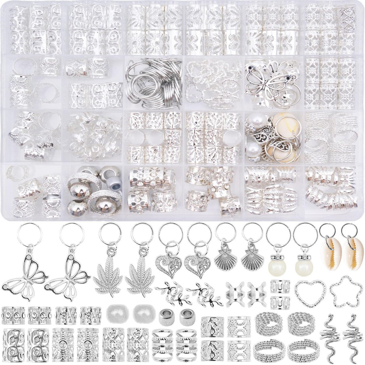 236PCS Silver Hair Accessories: Jewelry and Charms for Braids, Rings, and Cuffs - Ideal for Dreadlocks, Locs and Raves Avelisse