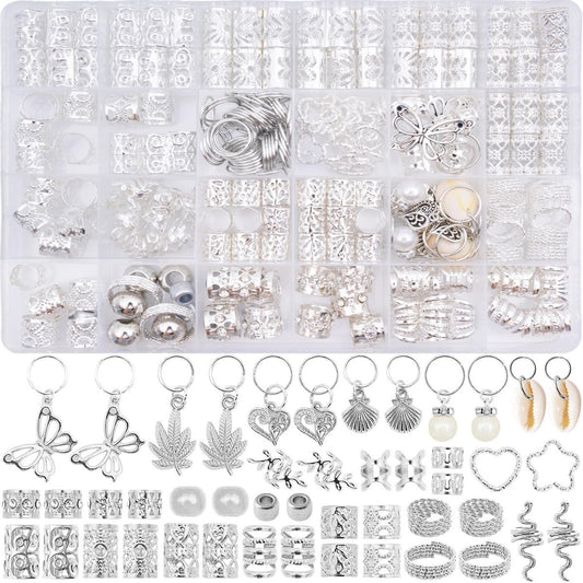 236PCS Silver Hair Accessories: Jewelry and Charms for Braids, Rings, and Cuffs - Ideal for Dreadlocks, Locs and Raves Avelisse