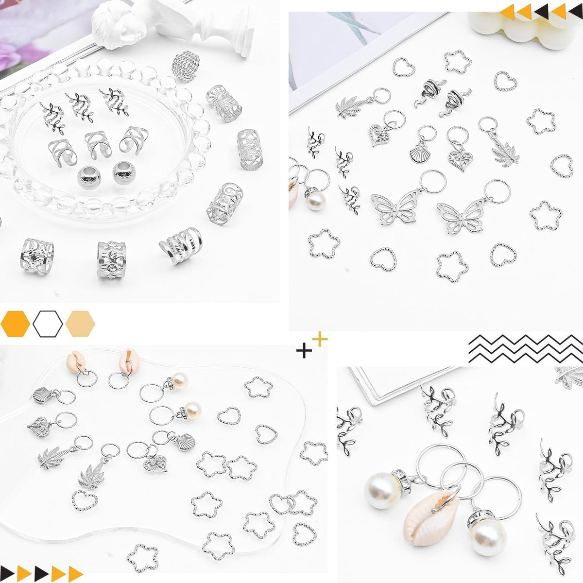 236PCS Silver Hair Accessories: Jewelry and Charms for Braids, Rings, and Cuffs - Ideal for Dreadlocks, Locs and Raves Avelisse
