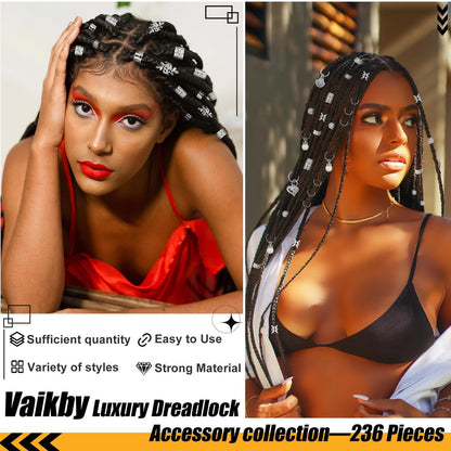 236PCS Silver Hair Accessories: Jewelry and Charms for Braids, Rings, and Cuffs - Ideal for Dreadlocks, Locs and Raves Avelisse