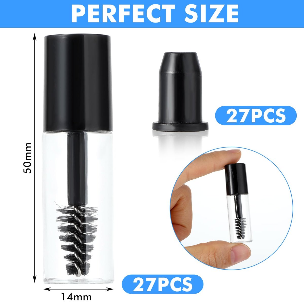 27-Pack Empty Mascara Tubes with Wand - 3ml Mini Mascara Bottles with Brush & Rubber Inserts for Travel, DIY, and Sample Sizes (Black) - görsel 3