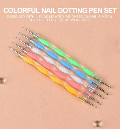 siyuwuro 5-Piece Double-Ended Nail Art Dotting Pens Set - 10 Different Diameter Ball Ends for Nail Decorations, Stippling, Engraving, and Drawing