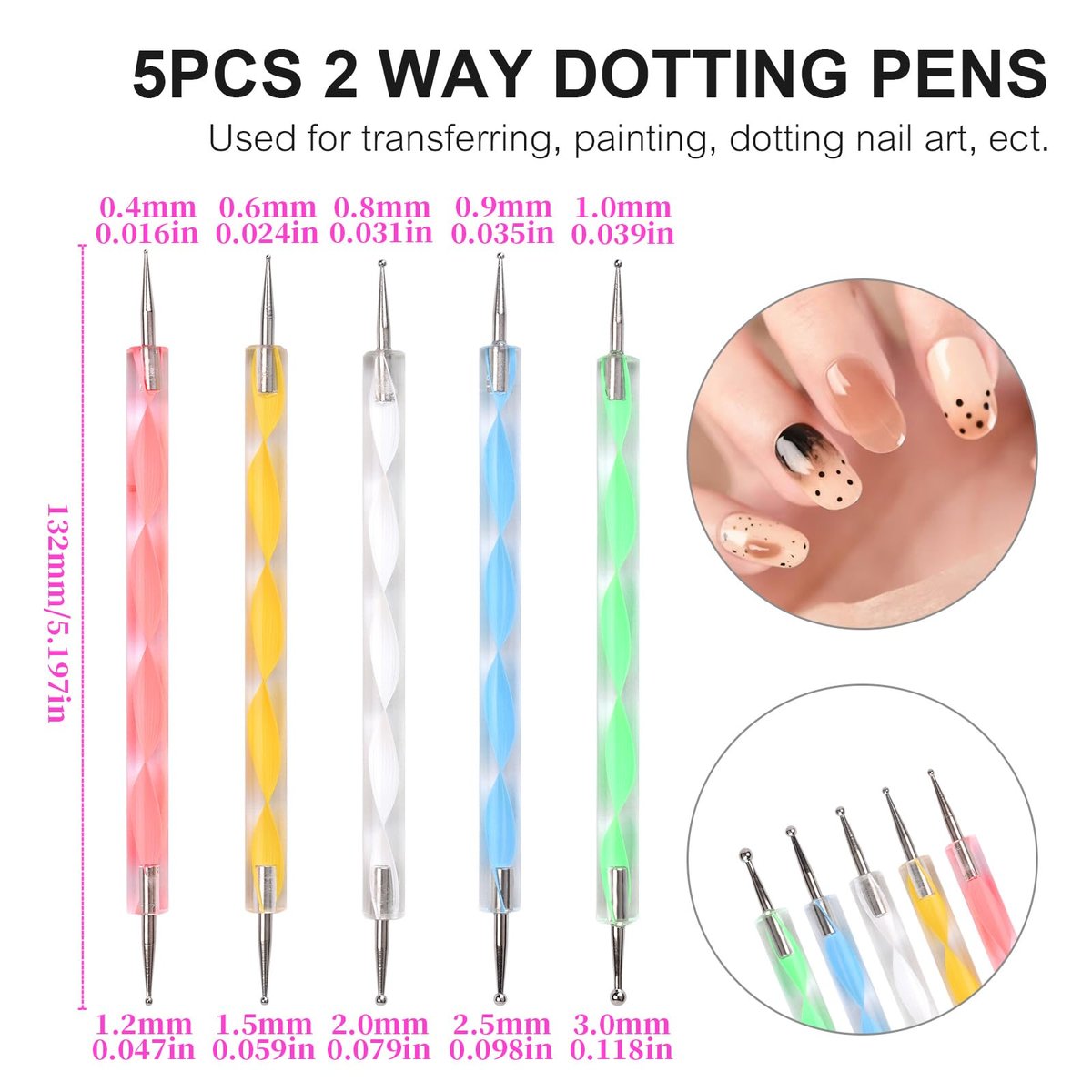 siyuwuro 5-Piece Double-Ended Nail Art Dotting Pens Set - 10 Different Diameter Ball Ends for Nail Decorations, Stippling, Engraving, and Drawing - görsel 3