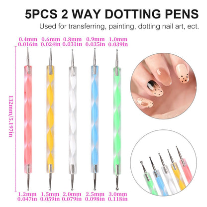 siyuwuro 5-Piece Double-Ended Nail Art Dotting Pens Set - 10 Different Diameter Ball Ends for Nail Decorations, Stippling, Engraving, and Drawing