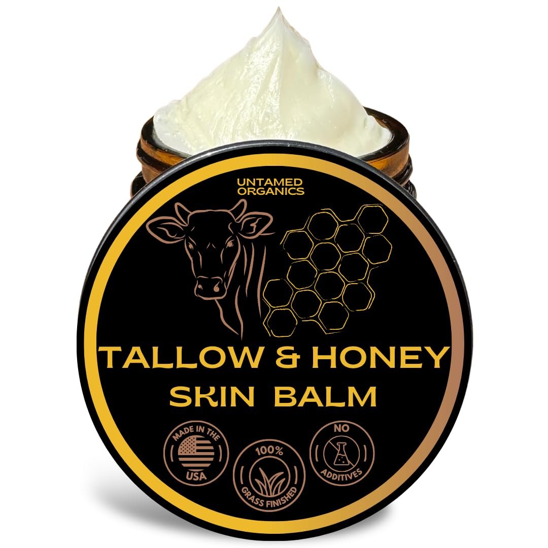 Untamed Organics Handmade Tallow & Honey Skin Balm - 100% Grass-Fed Grass-Finished Tallow + Raw Wild Honey, All Purpose Whole Body & Face Moisturizer For Sensitive Skin, 2 fl. oz. (Unscented) Avelisse