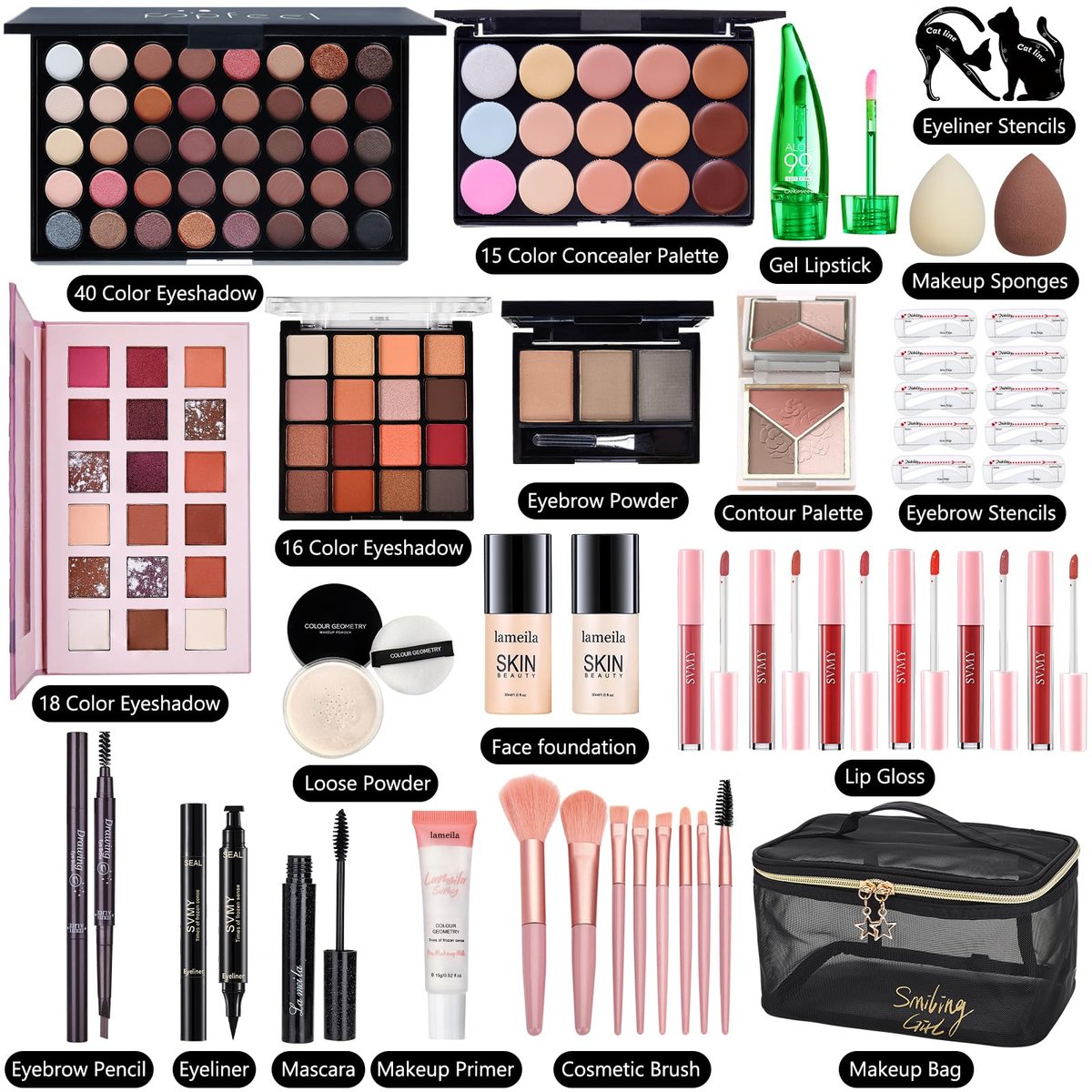 All in One Makeup Kit for Women Full Kit - CHAFFUL Makeup Gift Set with Foundation, Face Primer, Eyeshadow Palette, Contour, Lipstick, Eyeliner, Mascara & Brush Set Avelisse