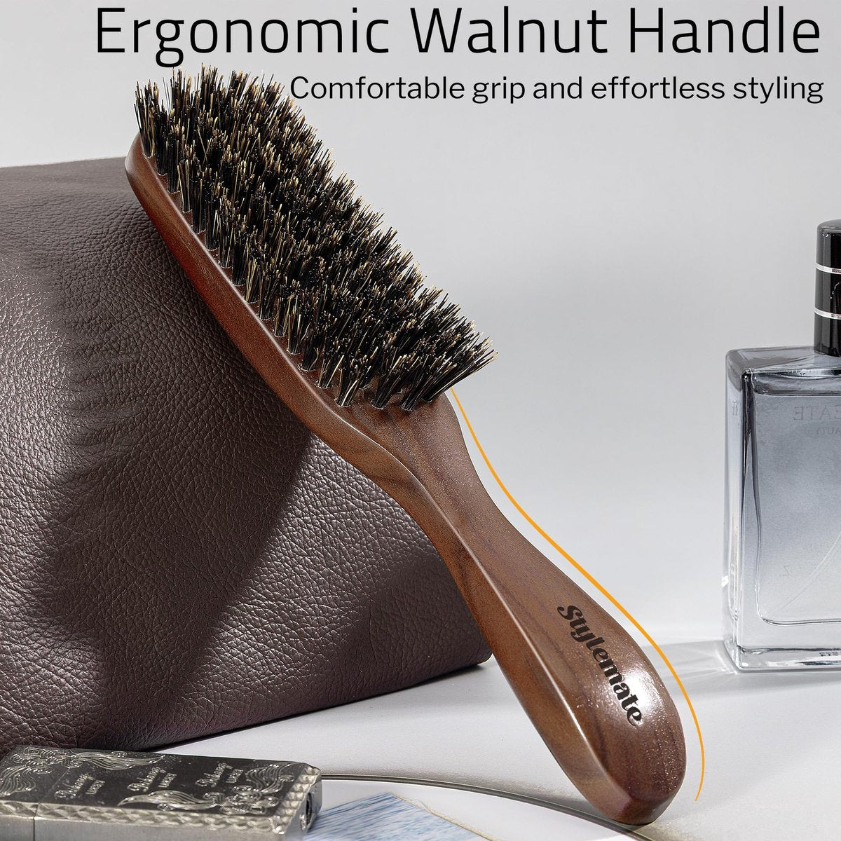 STYLEMATE Boar Bristle Hair Brush for Men – Slick Back & Beard Brush with Stiff Bristles, Natural Black Walnut Wood Handle Avelisse
