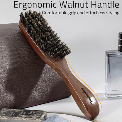 STYLEMATE Boar Bristle Hair Brush for Men – Slick Back & Beard Brush with Stiff Bristles, Natural Black Walnut Wood Handle Avelisse