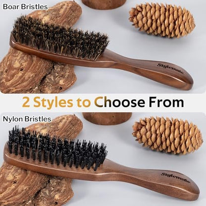 STYLEMATE Boar Bristle Hair Brush for Men – Slick Back & Beard Brush with Stiff Bristles, Natural Black Walnut Wood Handle Avelisse