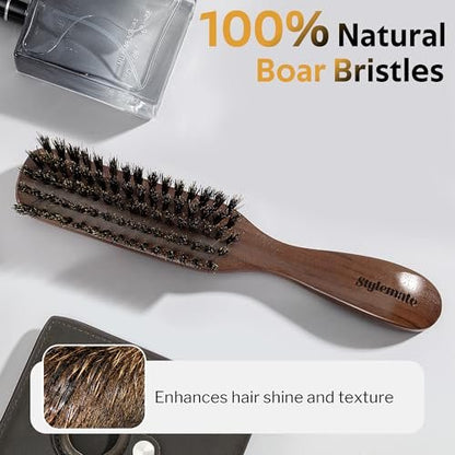 STYLEMATE Boar Bristle Hair Brush for Men – Slick Back & Beard Brush with Stiff Bristles, Natural Black Walnut Wood Handle Avelisse
