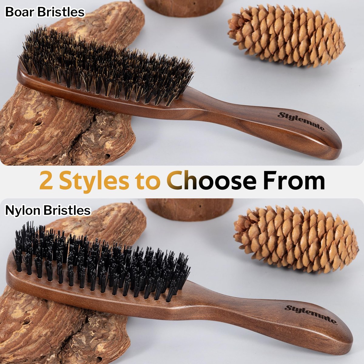 STYLEMATE Boar Bristle Hair Brush for Men – Slick Back & Beard Brush with Stiff Bristles, Natural Black Walnut Wood Handle Avelisse