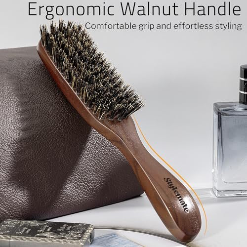 STYLEMATE Boar Bristle Hair Brush for Men – Slick Back & Beard Brush with Stiff Bristles, Natural Black Walnut Wood Handle Avelisse