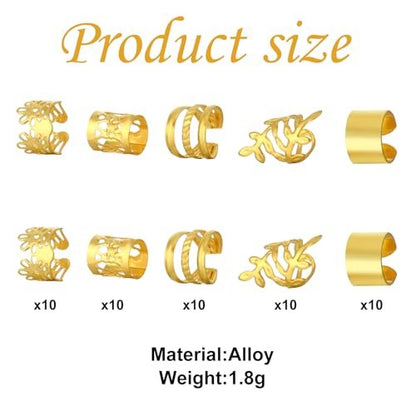 Prasacco 50 Pieces Gold Hair Jewelry for Braids & Dreadlocks - Metal Rings, Cuffs & Clips for Women and Girls
