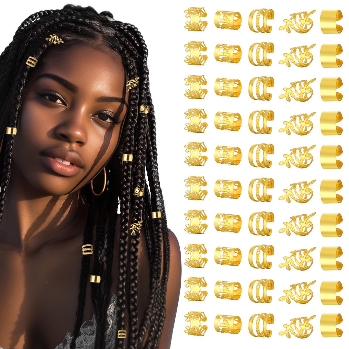Prasacco 50 Pieces Gold Hair Jewelry for Braids & Dreadlocks - Metal Rings, Cuffs & Clips for Women and Girls - görsel 1