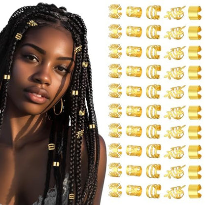 Prasacco 50 Pieces Gold Hair Jewelry for Braids & Dreadlocks - Metal Rings, Cuffs & Clips for Women and Girls