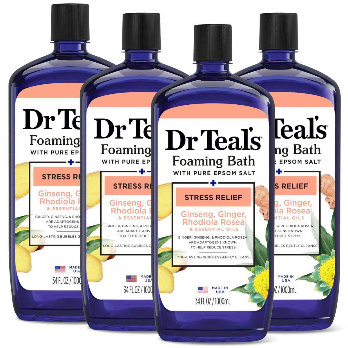 Dr Teal's Foaming Bath with Pure Epsom Salt, Stress Relief with Ginseng & Ginger, 34 fl oz (Pack of 4) Avelisse