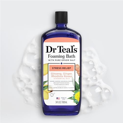 Dr Teal's Foaming Bath with Pure Epsom Salt, Stress Relief with Ginseng & Ginger, 34 fl oz (Pack of 4) Avelisse