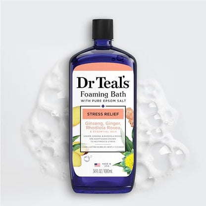 Dr Teal's Foaming Bath with Pure Epsom Salt, Stress Relief with Ginseng & Ginger, 34 fl oz (Pack of 4) Avelisse