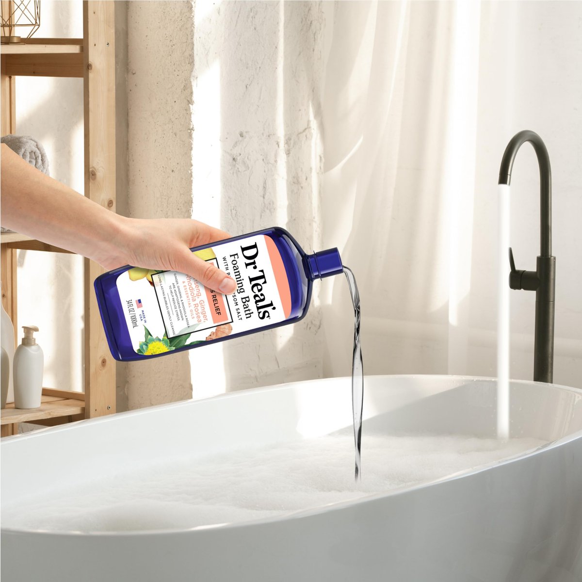 Dr Teal's Foaming Bath with Pure Epsom Salt, Stress Relief with Ginseng & Ginger, 34 fl oz (Pack of 4) Avelisse