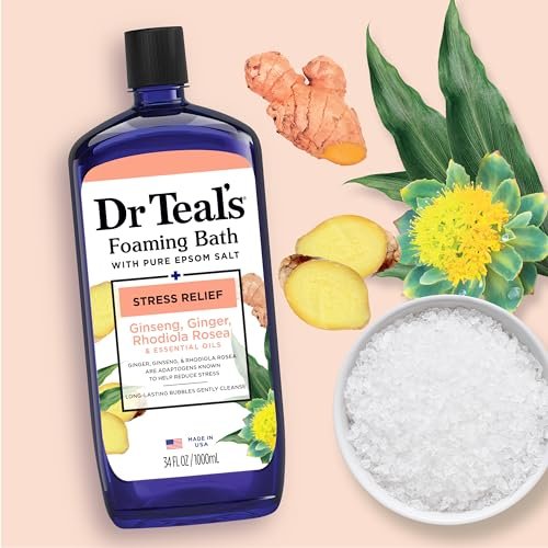 Dr Teal's Foaming Bath with Pure Epsom Salt, Stress Relief with Ginseng & Ginger, 34 fl oz (Pack of 4) Avelisse