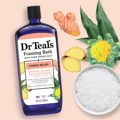 Dr Teal's Foaming Bath with Pure Epsom Salt, Stress Relief with Ginseng & Ginger, 34 fl oz (Pack of 4) Avelisse